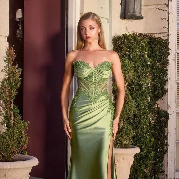 New Pageant Long Satin Gown w/ Sweetheart Neck & Beads Embellished CD KV1132 - Picture 3 of 9